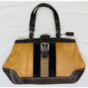 Coach Hamptons Legacy Leather Tote Satchel Purse Signature Stripe Brown Caramel